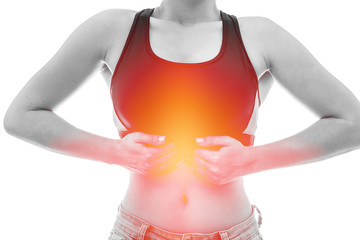 Female hands on belly. Pain in stomach or cycle's pain concept isolated