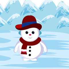 Snowman near Mountains - Cartoon Vector Image