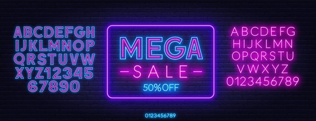 Mega sale neon sign on dark background. Discount template. Neon alphabet on a dark background. Template for design. © TanyaFox