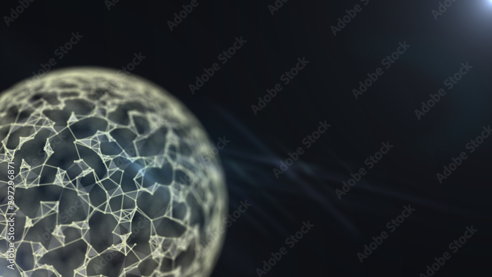 Poster connected dots wireless communication network over abstract planet on space background.