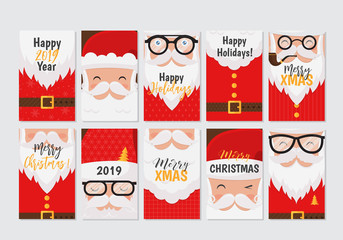 Vector Merry Christmas and Happy New Year greeting card set with cute santa claus