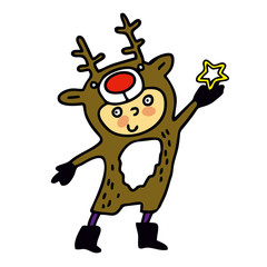 Children in Christmas costumes. Christmas deer. Cheerful children celebrate Christmas and winter holidays. Cartoon New Year's holiday costume.