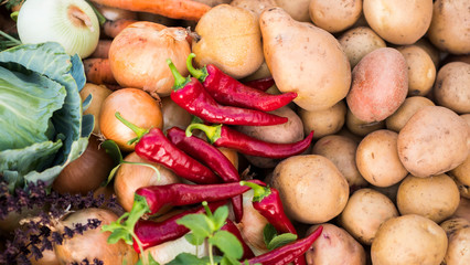 Set of seasonal vegetables - peppers and potatoes, healthy and tasty cabbage and carrots
