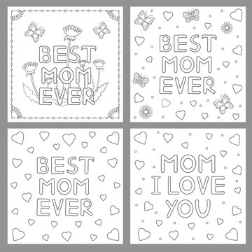 Coloring pages. Mother day cards. Flowers, hearts and  butterflies.