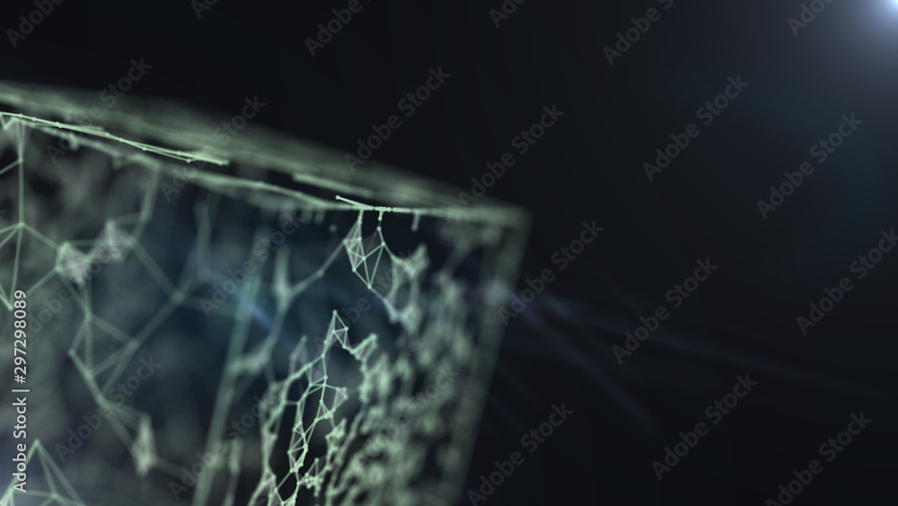 Poster abstract 3d geometric floating cube on dark background.