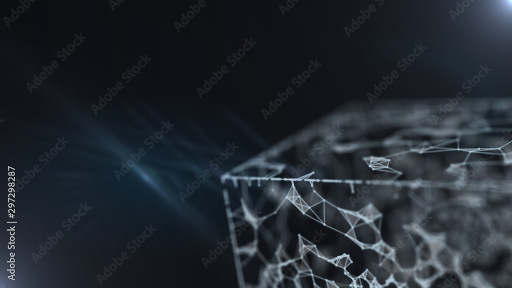Poster abstract 3d geometric floating cube on dark background.