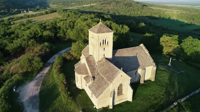 Aerial view of the church of Saint Martin de Laives in Chalon sur Sa&ocirc;ne, France, Burgundy. It is known as the light of South Burgundy. Beautiful weather, sunny sunrise in summer. 