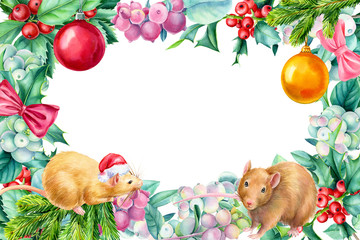 Frame on an isolated white background. Watercolor illustration. Christmas  greeting card with place for text, invitation.