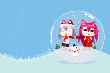 Duo kawaii happy girl pink hair cartoon character wearing red scarf together , snowman and christmas tree in snowball globe on snow with blue background, flat design style.