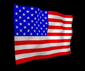 Waving flag of the United States of America on a dark background. Stars and Stripes. State symbol of the USA. 3D illustration