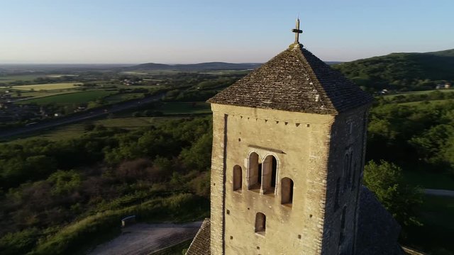 Aerial view of the church of Saint Martin de Laives in Chalon sur Sa&ocirc;ne, France, Burgundy. It is known as the light of South Burgundy. Beautiful weather, sunny sunrise in summer. 