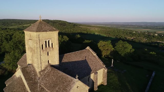 Aerial view of the church of Saint Martin de Laives in Chalon sur Sa&ocirc;ne, France, Burgundy. It is known as the light of South Burgundy. Beautiful weather, sunny sunrise in summer. 
