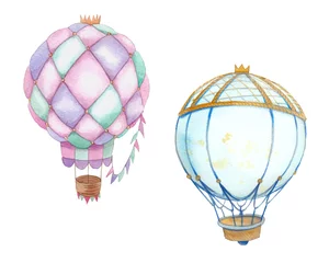 Glasschilderij Aquarel luchtballonnen Aquarel heteluchtballonnen set. Handgeschilderde vintage filustraties geïsoleerd op een witte achtergrond. Ontwerpobjecten voor babygroet