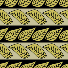 Fototapeta na wymiar Vector Green Leaves on Green and Black Stripes Seamless Repeat Pattern. Background for textiles, cards, manufacturing, wallpapers, print, gift wrap and scrapbooking.