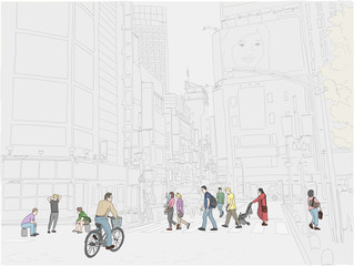 Hand drawn illustration. People cross the street in the beautiful and exciting Shinjuku neighborhood of Tokyo, Japan. People in color.