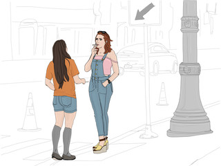 Hand drawn illustration. Two young women friends meet and hang out on a city street.
