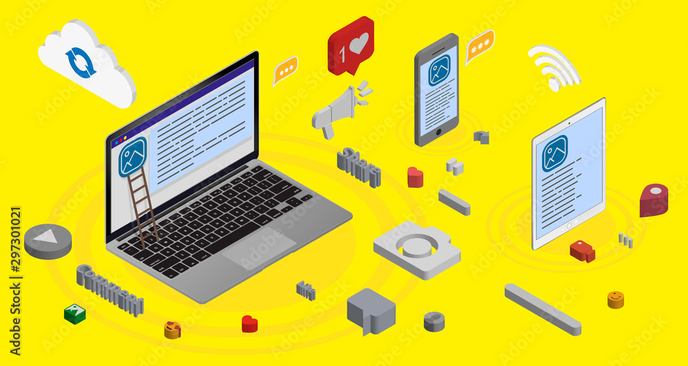 Poster Cross platform development website. Adaptive layout internet page or web interface on screen laptop, tablet and phone. Cross-Platform Development. Vector illustration. Eps 10
