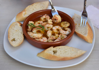 Typical spanish tapas Shrimp Scampi close up