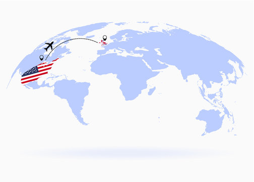 Flight from USA to England above world map. Airplane arrives to England. The world map. Airplane line path. Vector illustration. EPS 10