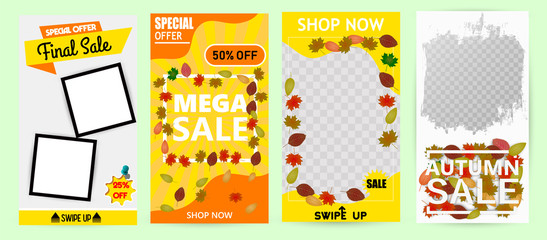 Autumn Sale Design with Falling Leaves and Lettering on Light Background. Autumnal Vector Illustration with Special Offer Typography Elements for Coupon, Voucher, Banner, Flyer