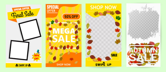 Fototapeta premium Autumn Sale Design with Falling Leaves and Lettering on Light Background. Autumnal Vector Illustration with Special Offer Typography Elements for Coupon, Voucher, Banner, Flyer