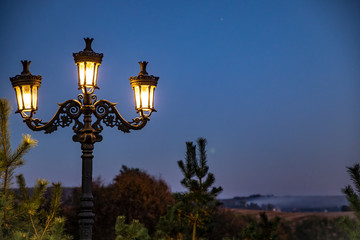 Fototapeta na wymiar retro street lamp lantern near Christmas tree