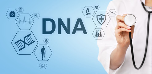 DNA deoxyribonucleic acid. Medical Healthcare Science concept on screen.