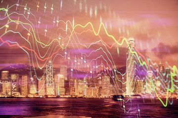 Fototapeta na wymiar Multi exposure of forex chart drawings over cityscape background. Concept of success.