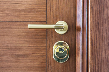 Fototapeta premium Luxury bras made door handle and key hole on a wooden door