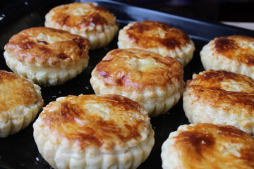 A tray of freshly baked 'Mattentaart', a gastronic speciality of the Geraardsbergen region of...