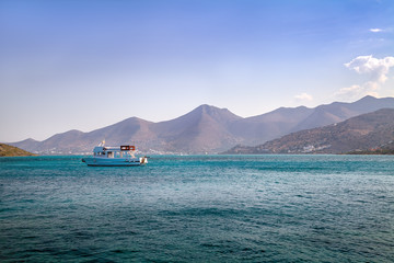 Tourist boat in the sea. Elounda. Greece. Crete.
