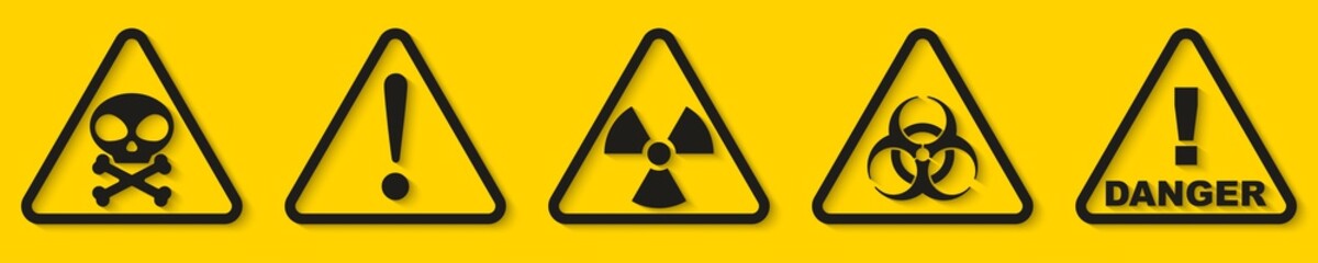 Set of danger signs isolated on yellow background. Vector illustration