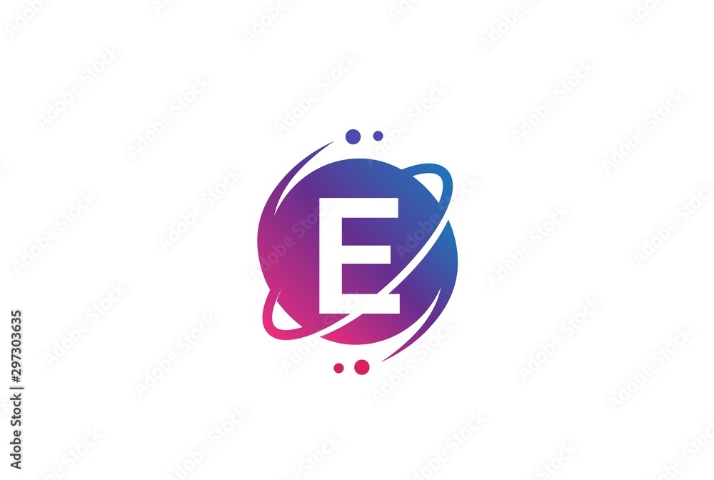 Poster initial letter circle planet with orbit and dots gradient color logo template
