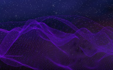 Abstract ultraviolet landscape on a dark background. Purple cyberspace grid. hi tech network. Outer space. Violet starry outer space texture. 3D illustration