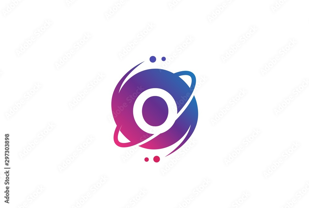 Poster initial letter circle planet with orbit and dots gradient color logo template