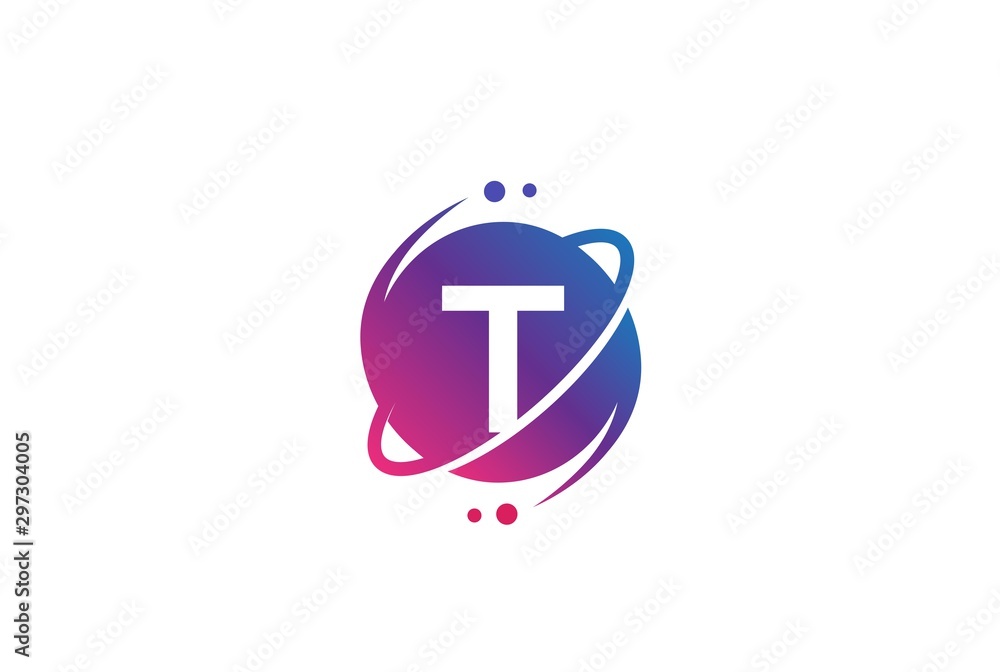 Poster initial letter circle planet with orbit and dots gradient color logo template