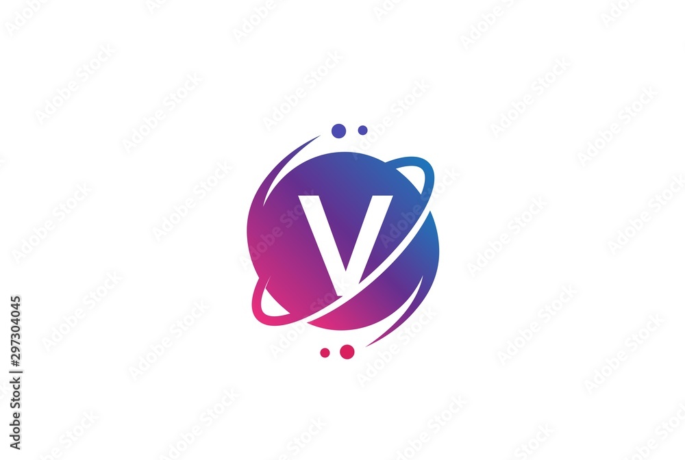 Poster initial letter circle planet with orbit and dots gradient color logo template