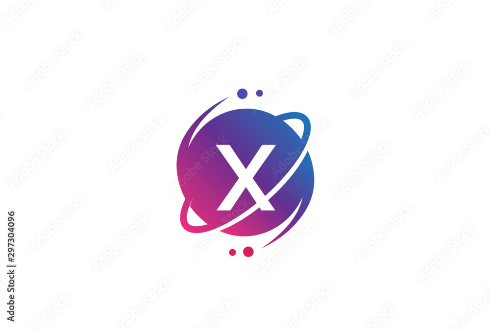Poster initial letter circle planet with orbit and dots gradient color logo template