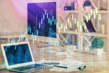 Multi exposure of forex graph and work space with computer. Concept of international online trading.