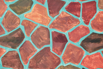 The surface of the wall is painted with paint in the form of a mosaic of colorful irregular polygons. Polygons of different shapes and sizes, large and small. Background or backdrop.