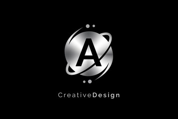 Minimalist initial logo with planet orbit with metal effect logo template © P4tcreativa