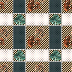 Seamless geometric pattern. A polka dot and striped cage and rectangles decorated with leaves and leaves. Tablecloth.