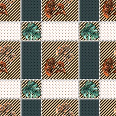 Seamless geometric pattern. A polka dot and striped cage and rectangles decorated with leaves and leaves. Tablecloth.