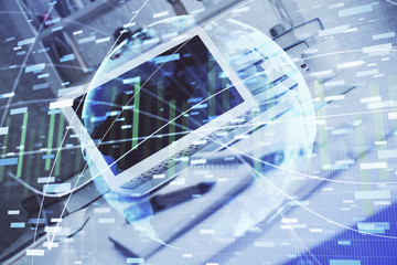 Multi exposure of business theme icons and table with computer background. Concept of success.