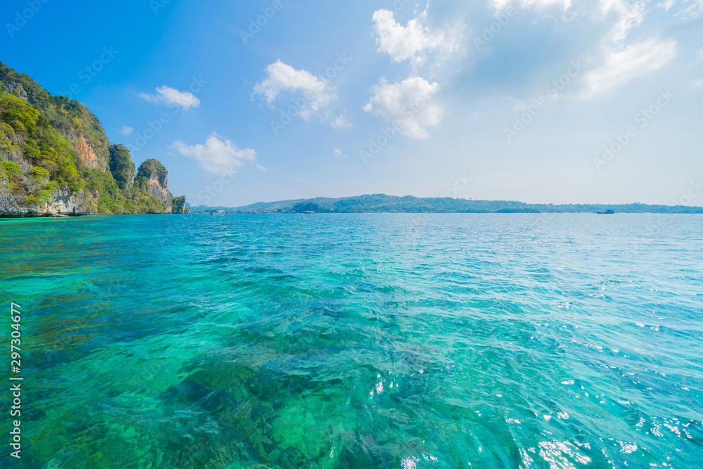 Wall mural phi phi, maya beach with blue turquoise seawater, phuket island in summer season during travel holid