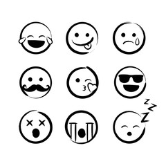 Vector illustration hand drawn ink emojis faces. Doddle emoticons sketch with differrent emotions.