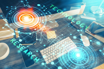 Technology theme drawing and table with computer. Double exposure. Concept of information.