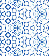 Blue kaleidoscope seamless pattern. Geometric abstraction on white background. Useful as design element for texture and artistic compositions.