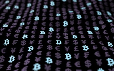 Bitcoin and currency on a dark background. Digital crypto symbol. Currency bubble, wave effect, market fluctuations. Business concept. 3D illustration