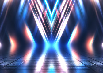 Empty background scene. Dark street reflection on wet asphalt. Rays of neon light in the dark, neon shapes, smoke. Background of an empty stage show. Abstract dark background.